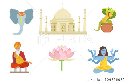 Traditional Indian Symbols Set, Elephant, Taj Mahal, Cobra, Lotus Flower, Shiva Vector Illustration 109826023