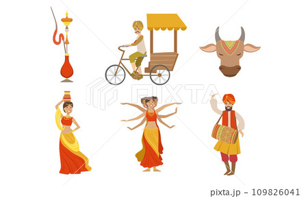 Indian People in Traditional Clothing Symbols of Country Set, Rickshaw, Sacred Cow, Dancing People Vector Illustration Indian People in Traditional Clothing Symbols of Country Set, Rickshaw, Sacred Cow, Dancing People Vector Illustration 109826041
