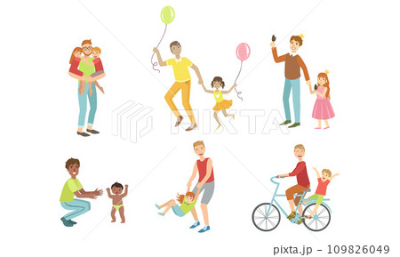 Fathers and Their Kids Having Good Time Together Set, Dads Playing, Riding Bike, Having Fun with Their Children Vector Illustration 109826049