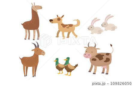 Cute Farm Animals Set, Rabbit, Alpaca, Dog, Goat, Duck, Cow Vector Illustration 109826050
