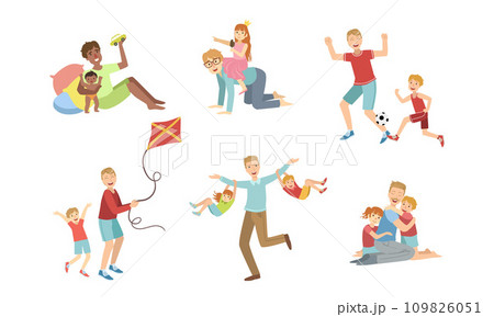 Fathers and Their Kids Having Good Time Together Set, Happy Dads Playing, Doing Sports, Having Fun with Their Children Vector Illustration 109826051