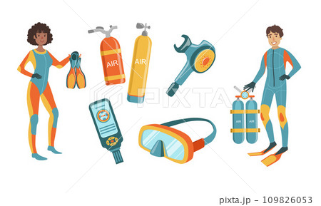 Snorkeling and Scuba Diving Elements Set, Scuba Diver Man and Woman Characters Dressed in Wetsuits with Equipment, Diving Mask, Oxygen Cylinders, Depth Gauge, Fins Vector Illustration 109826053