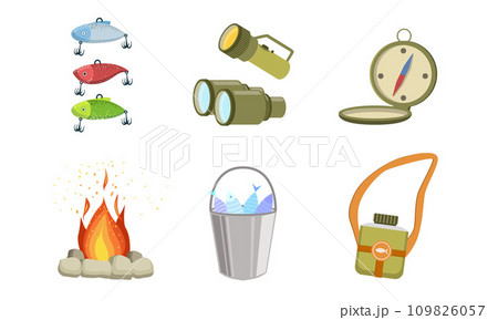 Fishing Sport Equipment Set, Bite, Tackle, Compass, Flashlight, Binoculars, Bonfire, Bucket Full of Fish Vector Illustration 109826057