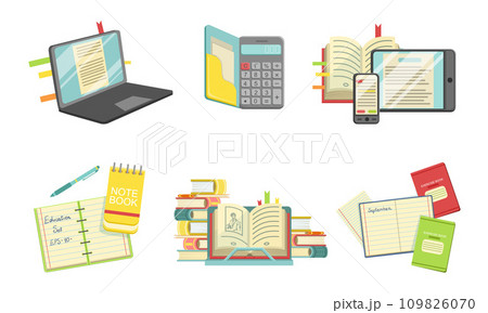 School Supplies Set, Laptop Computer, Copybook, Textbooks, Calculator, Smartphone, Tablet Pc, Back to School Concept Vector Illustration School Supplies Set, Laptop Computer, Copybook, Textbooks, Calculator, Smartphone, Tablet Pc, Back to School Concept Vector Illustration 109826070