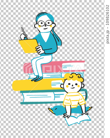 本に腰かけて勉強する子供たち　イラスト素材 109826102