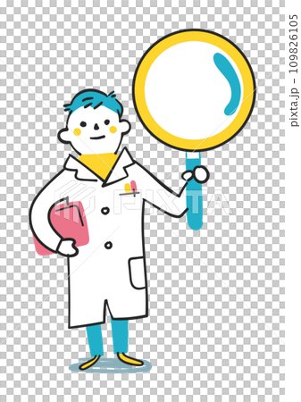 Elementary school student wearing a white coat holding up a magnifying glass Illustration material 109826105