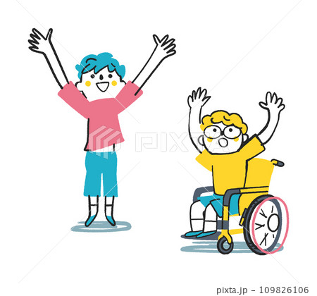 上を見上げて手を大きく広げる二人の小学生 車いす イラスト素材 上を見上げて手を大きく広げる二人の小学生 車いす イラスト素材 109826106
