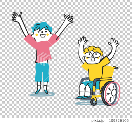 上を見上げて手を大きく広げる二人の小学生 車いす イラスト素材 上を見上げて手を大きく広げる二人の小学生 車いす イラスト素材 109826106