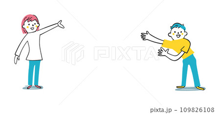 こちらへどうぞと大きなゼスチャーで招き入れる二人の子供　小学生　セット　イラスト素材 109826108
