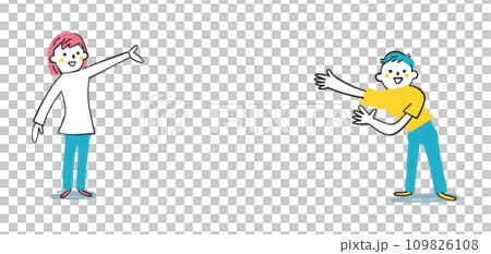 こちらへどうぞと大きなゼスチャーで招き入れる二人の子供　小学生　セット　イラスト素材 109826108