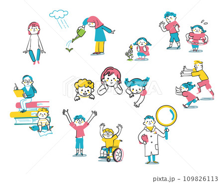 学習観察する子供たち　セット　イラスト素材		 109826113