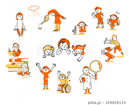 地球と年齢や人種、国籍の違う子供た学習観察する子供たち　セット　イラスト素ち　小学生　イラスト素材	 109826114