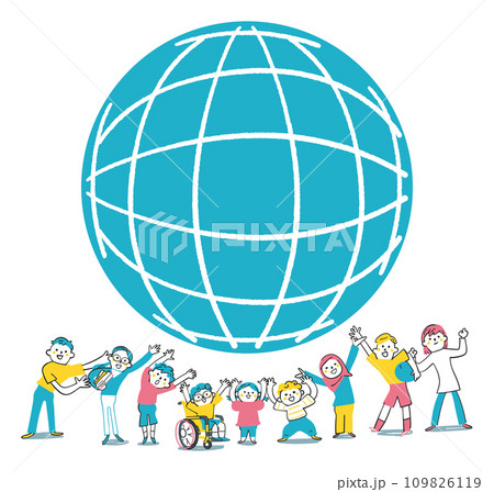 地球と年齢や人種、国籍の違うバンザイをしている子供たち　小学生　イラスト素材	 109826119
