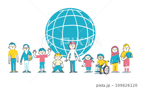 地球と年齢や人種、国籍の違う子供たち　小学生　イラスト素材 109826120