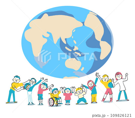 地球と年齢や人種、国籍の違う子供たち　小学生　イラスト素材	 109826121