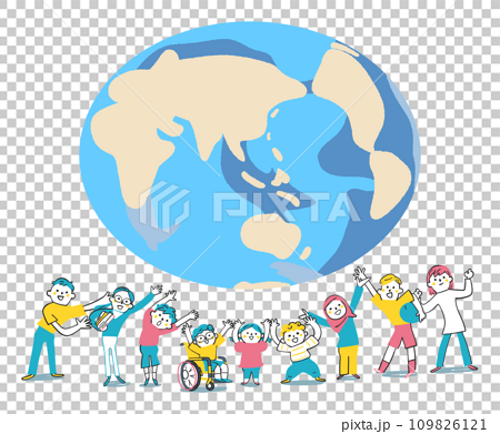 地球と年齢や人種、国籍の違う子供たち　小学生　イラスト素材	 109826121