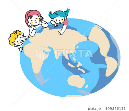 地球を俯瞰して眺める3人の小学生　イラスト素材		 109826131