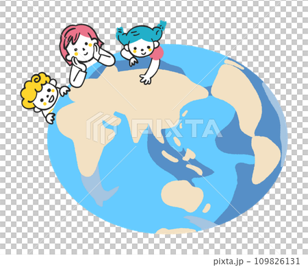 地球を俯瞰して眺める3人の小学生　イラスト素材		 109826131