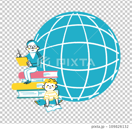 孩子們坐在書本上學習和地球插畫素材 109826132