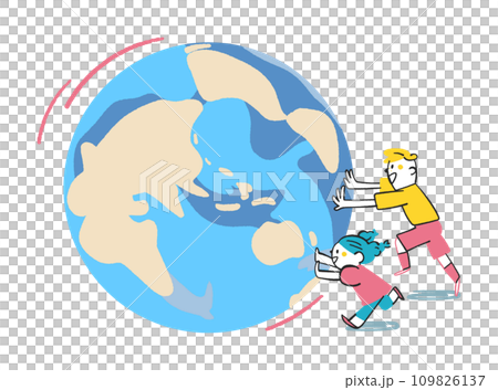 兩個坐輪椅的小學生像大球一樣滾動地球-插畫素材 109826137