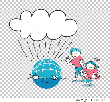 Elementary school student surprised to see the earth flooded with water Illustration material Elementary school student surprised to see the earth flooded with water Illustration material 109826142