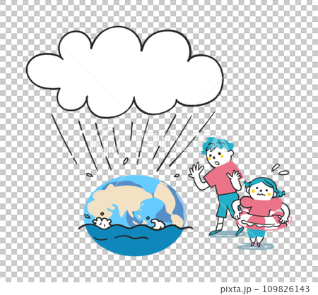Elementary school student surprised to see the earth flooded with water Illustration material 109826143