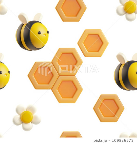 Honeycombs with flowers, bee and honey 3D...のイラスト素材 [109826375] - PIXTA
