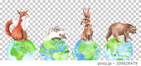 Animals in forest, Creative design world environment and earth day drawing and painting concept. illustration design. Watercolor hand drawn 109826479