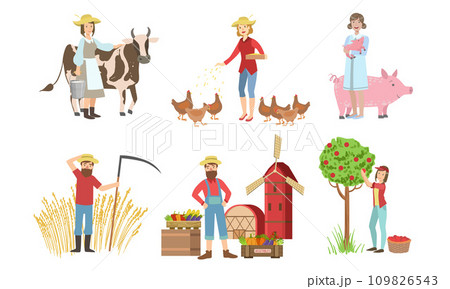 People Working on Farm and Garden Set, Male and Female Farmers Characters Harvesting, Feeding Animals, Selling Vegetables on Farm Market Vector Illustration 109826543