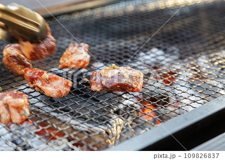 バーベキューで焼かれる肉 109826837