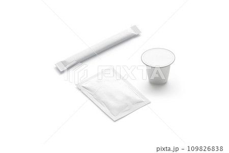 Blank white coffee, sugar and sachet pack mockup, isolated Blank white coffee, sugar and sachet pack mockup, isolated 109826838