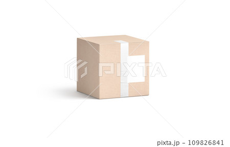 Blank white shipping label on craft box mockup, half-turned view Blank white shipping label on craft box mockup, half-turned view 109826841