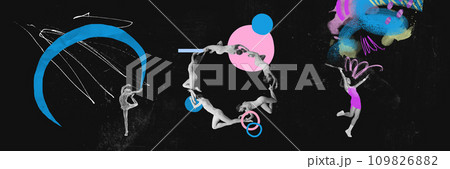 Contemporary art collage. Gymnasts and tennis player training before competition against black mode background with paints. Contemporary art collage. Gymnasts and tennis player training before competition against black mode background with paints. 109826882