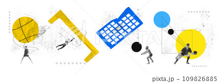 Contemporary art collage. Kinds of sport activities. Basketball, volleyball, American football and baseball players training before match. 109826885