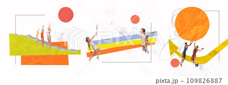 Contemporary art collage. Different kind of sport. Talented people training in motion before championship to get first place. Contemporary art collage. Different kind of sport. Talented people training in motion before championship to get first place. 109826887