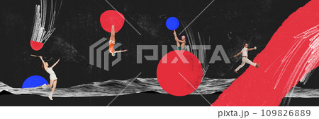 Contemporary art collage. Different kind of sport. People training in motion before championship to get first place. 109826889