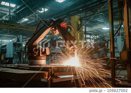 Robotic Welding. Robots welding in workshop of industrial plant Robotic Welding. Robots welding in workshop of industrial plant 109827002