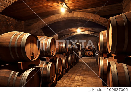 Wine barrels in a wine cellar. Oak Wine Barrels in winemaking and Winery Barrel room 109827006