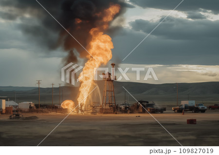 Oilfield Explosions. Oil and Gas Wells fire. Accident Oil Well Work 109827019