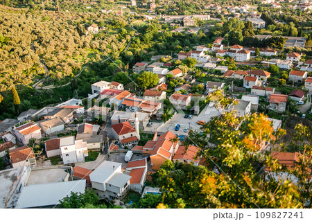 Top view Aerial view of Muslim neighborhood with mosque in city of Bar in Montenegro 109827241