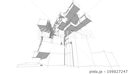 Modern architecture in a beautiful metropolisFreehand line drawing illustration, 3D illustration. Modern architecture in a beautiful metropolisFreehand line drawing illustration, 3D illustration. 109827247