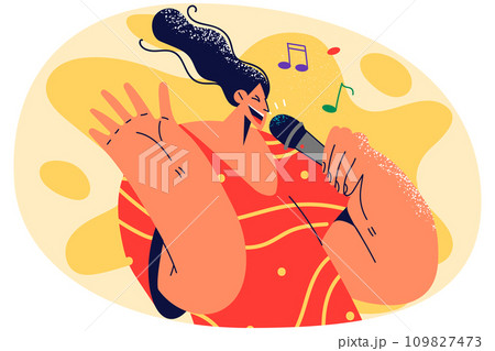 Smiling woman singing in karaoke 109827473
