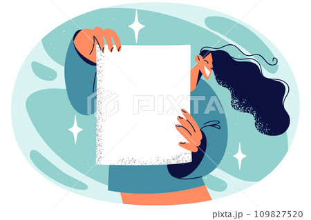 Smiling woman show white mockup paper Smiling woman show white mockup paper 109827520