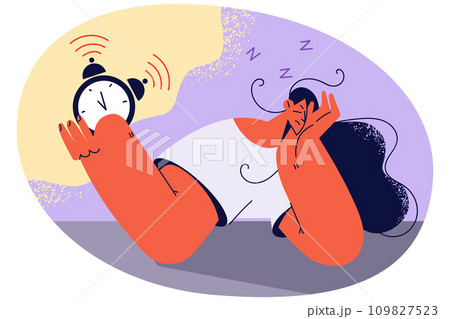 Exhausted woman stressed with morning alarm ringing Exhausted woman stressed with morning alarm ringing 109827523