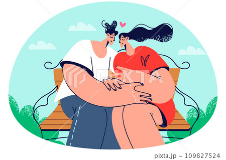 Happy couple sitting on bench hugging Happy couple sitting on bench hugging 109827524