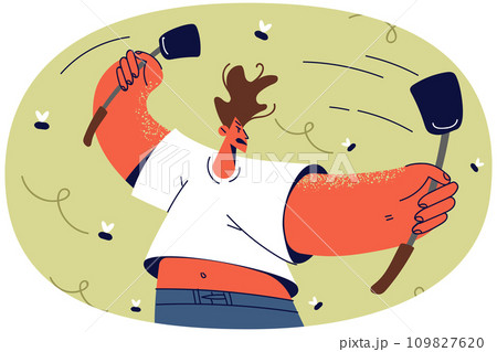 Unhappy man with fly swatters fight with bugs 109827620