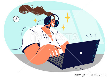 Happy woman in headset work on computer 109827629