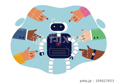 People blame robot for losing jobs, pointing fingers at cyborg standing in center 109827653