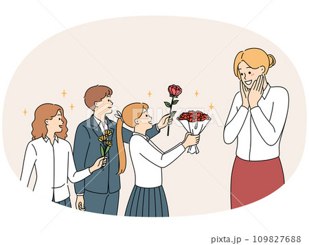 Children in uniform greeting happy teacher 109827688