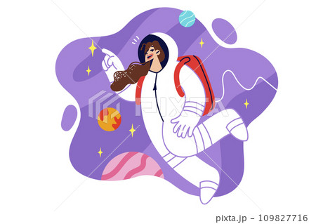 Woman astronaut in spacesuit flies in zero gravity studying planets and stars of universe or galaxy 109827716